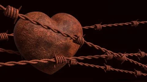 Rusty Heart Behind Barbed Wire 3d render. Illustrazione stock