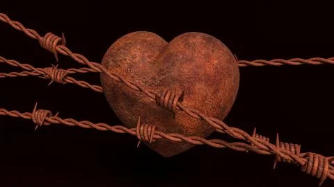 Rusty Heart Behind Barbed Wire 3d render. Illustrazione stock