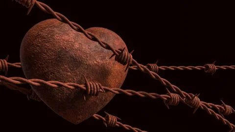 Rusty Heart Behind Barbed Wire 3d render. Illustrazione stock