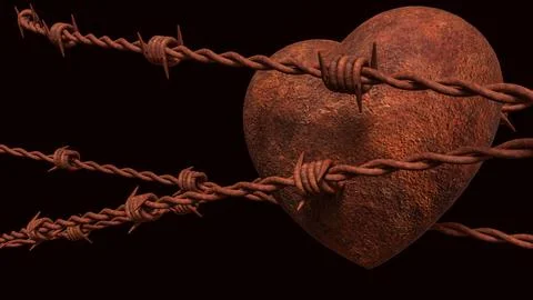 Rusty Heart Behind Barbed Wire 3d render. Illustrazione stock