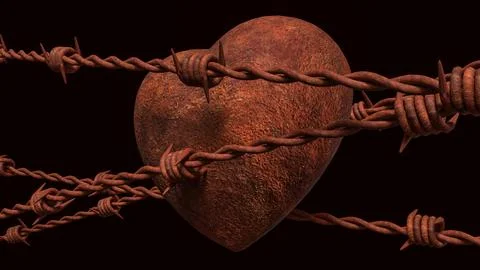 Rusty Heart Behind Barbed Wire 3d render. Illustrazione stock