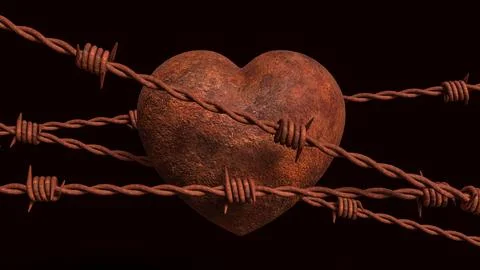 Rusty Heart Behind Barbed Wire 3d render. Illustrazione stock