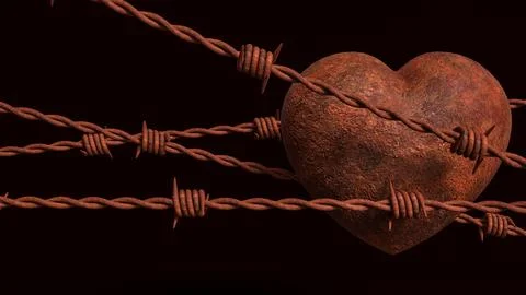 Rusty Heart Behind Barbed Wire 3d render. Illustrazione stock