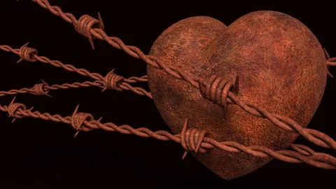 Rusty Heart Behind Barbed Wire 3d render. Illustrazione stock