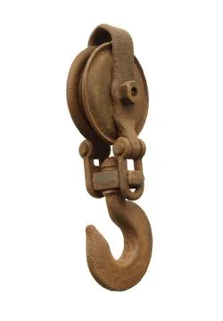 Rusty hook and pulley isolated on white Stock Photos