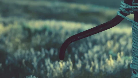 Rusty hook attached to a wooden post in a field during golden hour light Stock Footage 340016026