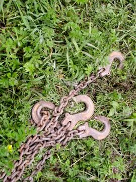 Rusty hooks with chains lying on the grass Foto stock