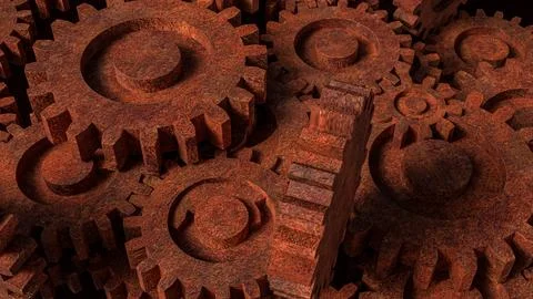 Rusty Industrial Gears Concept Showing Mechanical Systems and Aging Machine.. Stock Illustration