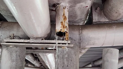 Rusty Industrial Pipe Leaking Water From Corroded Joint Under Metal Structure Stock Footage 342328100