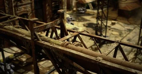 Rusty industrial structures inside an abandoned manufacturing facility Illustrazione stock