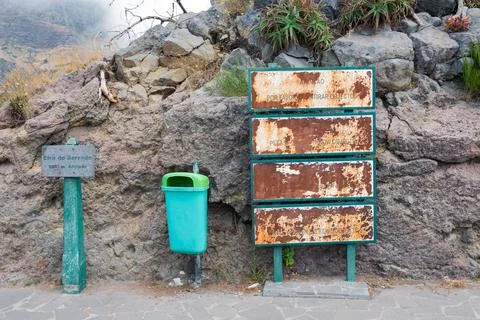 Rusty information panels at viewpoint Eira do Serrado, Madeira Island Stock Photos