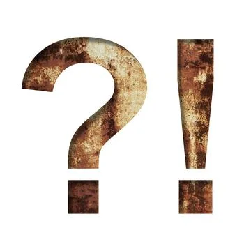 Rusty iron font. Exclamation and question marks cut out of paper on the backg Stock Illustration
