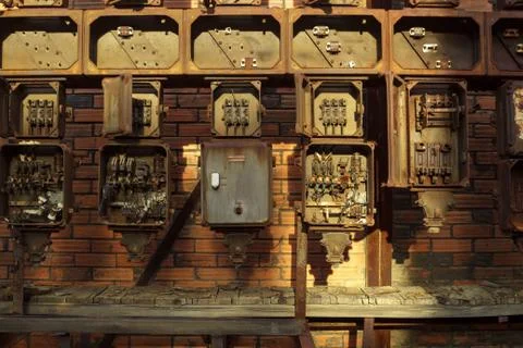 Rusty junction boxes in Lousal Iron sulphide mine Portugal Stock Photos