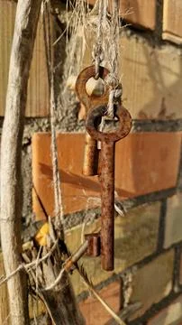 Rusty keys hanging on brick wall Stock Photos