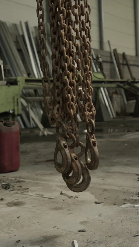 Rusty Lifting Chain Sling With Hooks Hanging In Metal Fabrication Workshop Stock Footage 337913390