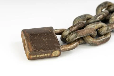 Rusty locked padlock and chain isolated on white background, close-Up Stock Photos