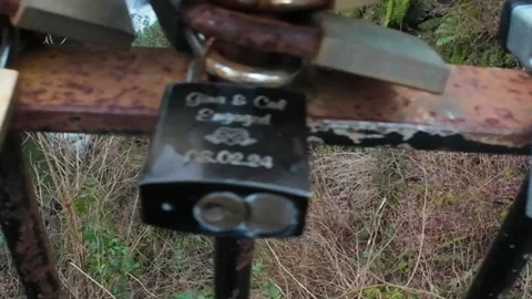 Rusty love locks padlocks on an iron fence 動画素材 327810219