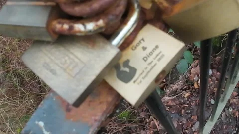 Rusty love locks padlocks on an iron fence 動画素材 327810304