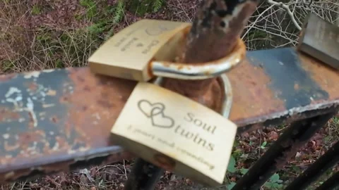Rusty love locks padlocks on an iron fence Video stock 327810885