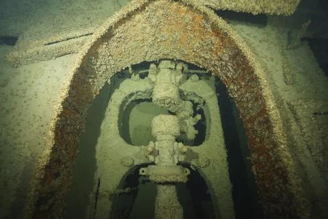 Rusty machine structure of a ship with mussels, quagga triangle mussel Stock Photos
