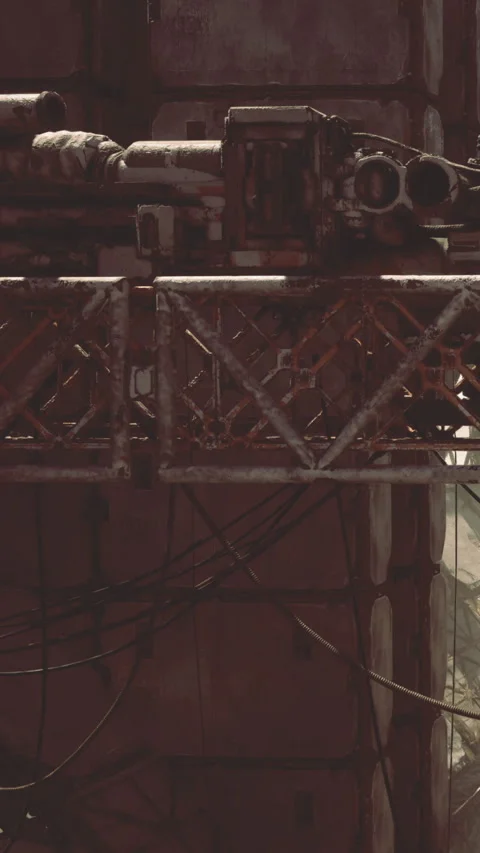 Rusty machinery contrasts a modern world in a desolate landscape Stock Footage 331367422
