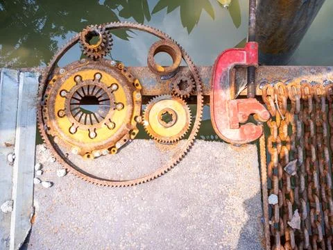 Rusty mechanical gears and tools decoration - History concept Stock Photos