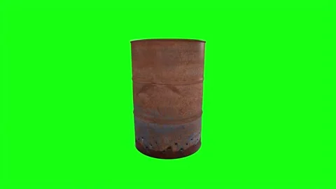 Rusty metal barrel in a simple 3D rendering with green background Stock Footage 297584507