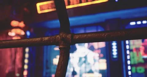 Rusty metal bars frame a vibrant neon lit background at night Stock-Illustration