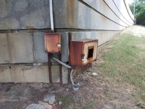Rusty metal boxes under a bridge Stock Photos