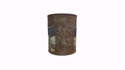 Rusty metal can with blue stripe in a detailed 3D rendering Stock Footage 297584514