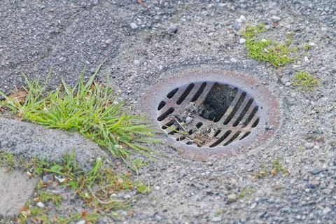 Rusty metal drain grate on rough asphalt with green grass growing nearby Stock Photos