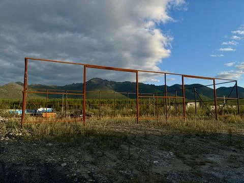 Rusty Metal Frame Structure in Mountain Landscape Stock Photos