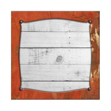 Rusty metal frame on white rustic wood. Stock Illustration