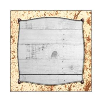 Rusty metal frame on white rustic wood. Illustrazione stock