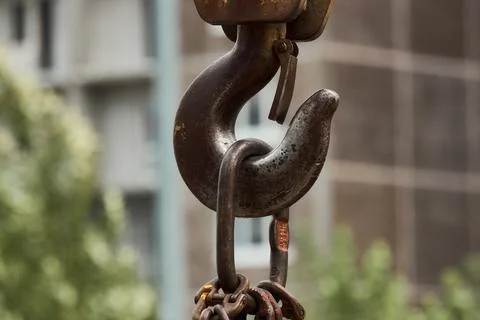 Rusty Metal Hoist Hook Tool at Building Construction Site Stock Photos