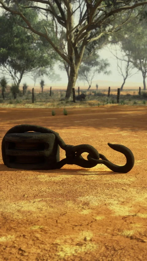 Rusty metal hook lying on cracked dry soil in an open landscape Video stock 310262067