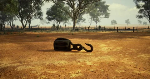 Rusty metal hook lying on cracked dry soil in an open landscape Video stock 327254736