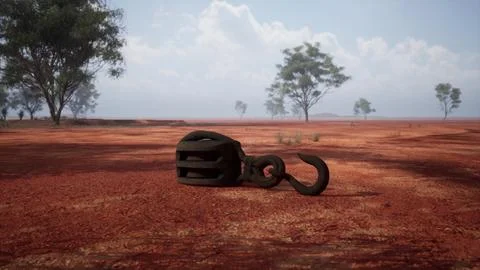 A rusty metal hook on a vibrant red dirt road Illustrazione stock