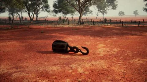 A rusty metal hook on a vibrant red dirt road Illustrazione stock