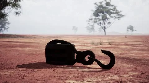 A rusty metal hook on a vibrant red dirt road Illustrazione stock