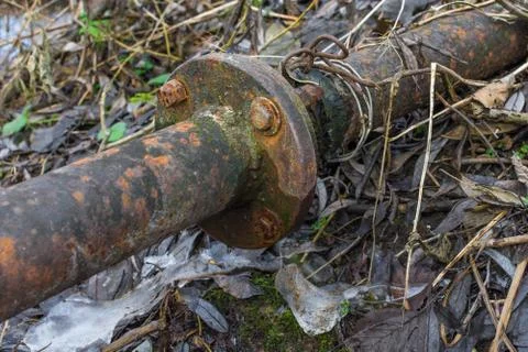 Rusty metal pipe in the forest closeup Stock Photos