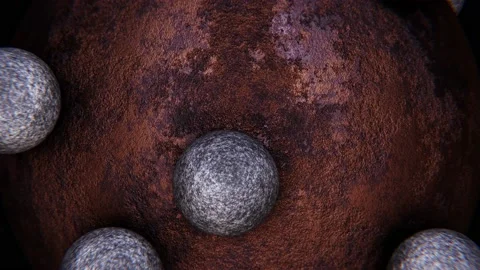 Rusty metal sphere with rolling small granite spheres looping 3D animation Stock Footage 194729849