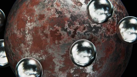 Rusty metal sphere with small reflecting metal spheres looping 3D animation Stock Footage 205325595