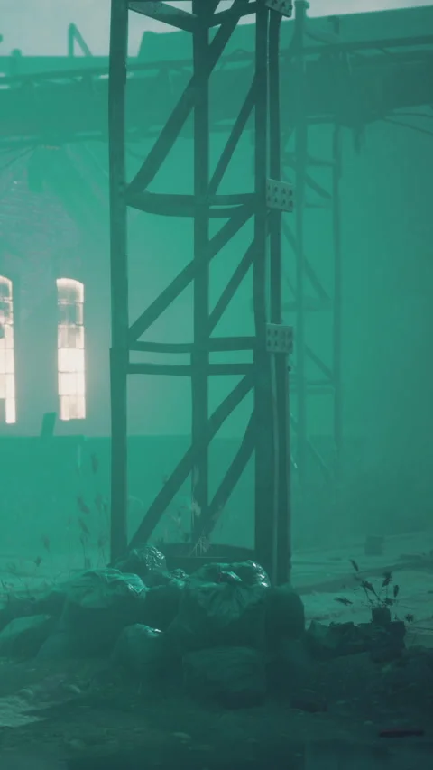 Rusty metal structure stands near trash in dimly lit place Stock Footage 338423271