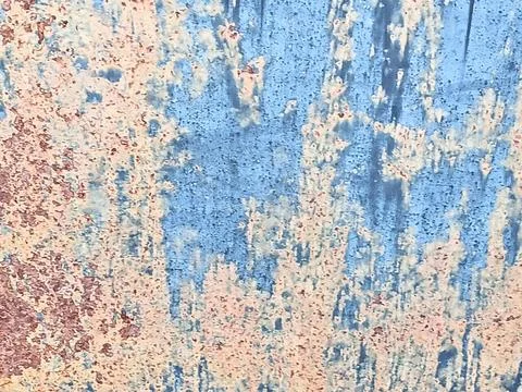 Rusty metal surface with peeling blue paint texture close up Stock Photos