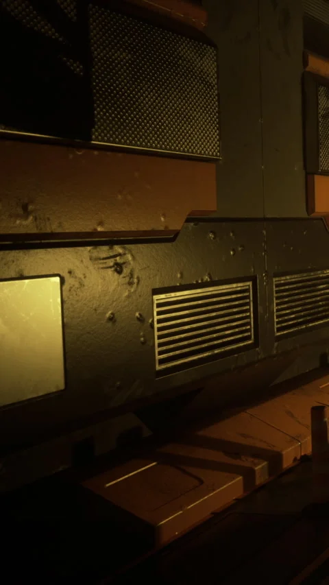 Rusty metal surface with ventilation and design elements in a low light setting Stock Footage 332211636