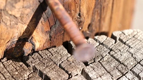 Rusty nail in wood rack focus c/u Stock Footage 108458286