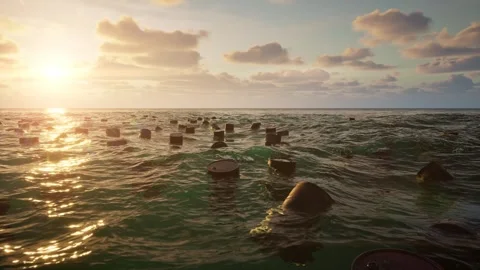 Rusty oil barrels floating in the ocean Stock Footage 279075327