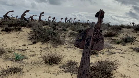 Rusty old anchors on the beach at an anchor cemetery Stock Footage 141162008