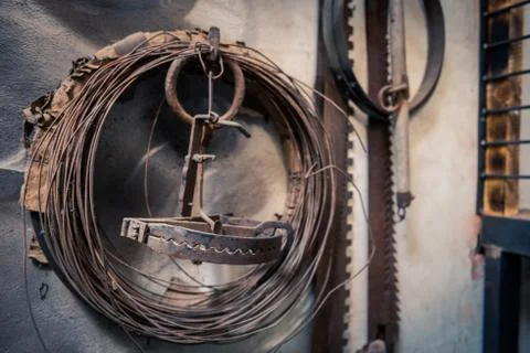 Rusty old bear trap hanging on wall in hunters shed with wire coil and bone s Stock Photos